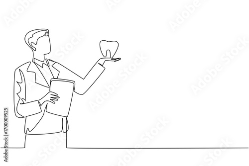 A single line drawing of a man presenting a tooth symbol while holding a folder, illustrating dental awareness and appreciation for National I Love My Dentist Day in a health concept.