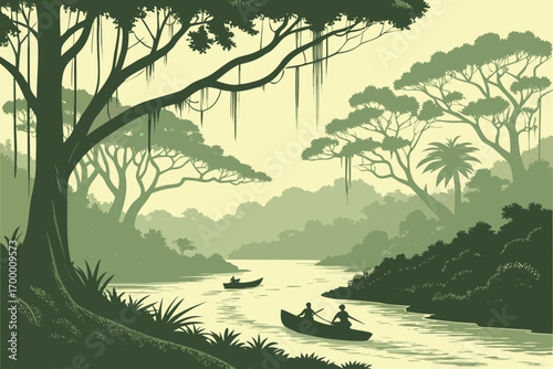 Serene Jungle River Journey with Canoes.