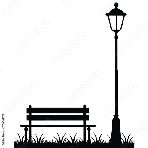 Silhouette of a park bench and a lamppost with grass on a white background Keywords: park bench, lamppost, street light, silhouette, black and white