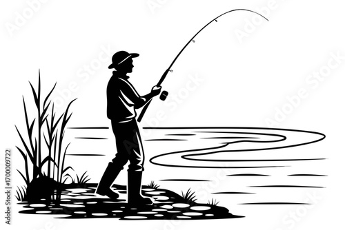 Silhouette of a Fisherman Casting a Line by the Water.