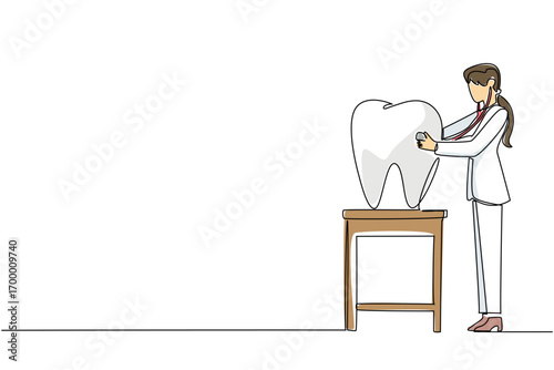 Continuous line drawing of a female dentist using a stethoscope to check a large tooth on a table, symbolizing health concept for National I Love My Dentist Day awareness.