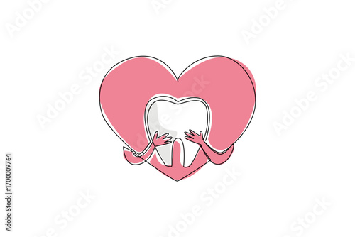 Continuous line drawing of a large pink heart embracing a white tooth, symbolizing dental care and love in health concept for National I Love My Dentist Day event.