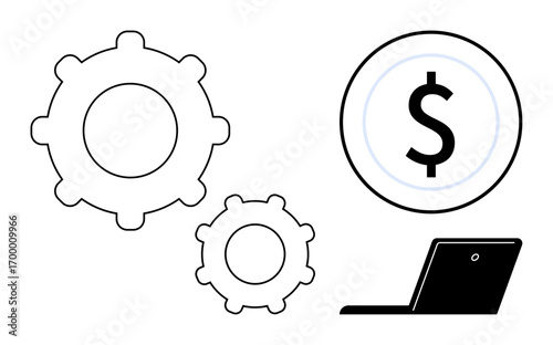Gears, laptop, and dollar sign interconnected portraying automation, financial growth, and technological solutions. Ideal for business, technology, automation, finance productivity innovation
