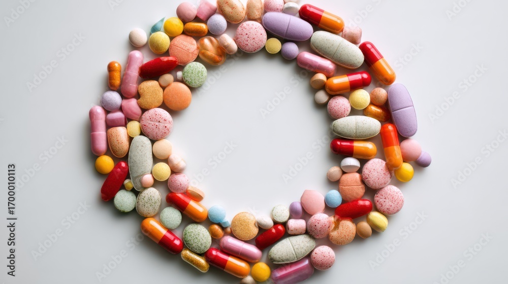 Obraz premium Mixed pills and capsules forming a circular arrangement on a white background, representing diversity in medicine and pharmaceutical solutions