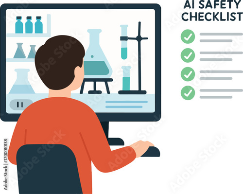 Student testing a virtual lab simulation with a safety checklist auto-ticked by AI illustration