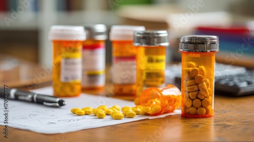 Prescription medicine bottles placed on a desk with pills spilled around, illustrating pharmaceutical packaging, healthcare, and treatment adherence