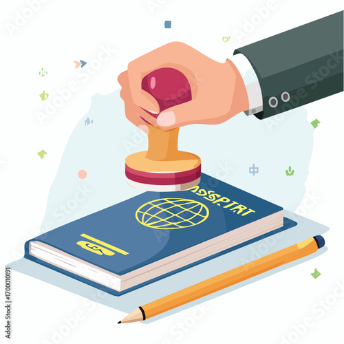 Hand Stamping Blue Passport with Globe Design and Pencil