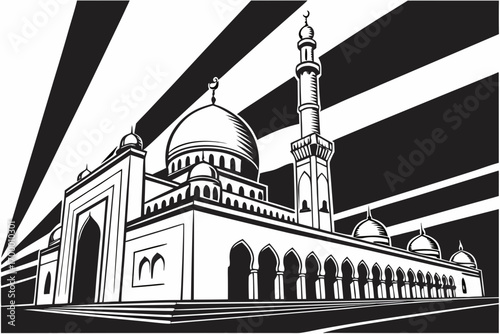 Stylized Islamic Mosque with Minaret and Domes.