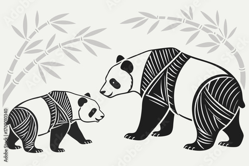 Stylized Pandas and Bamboo Illustration.