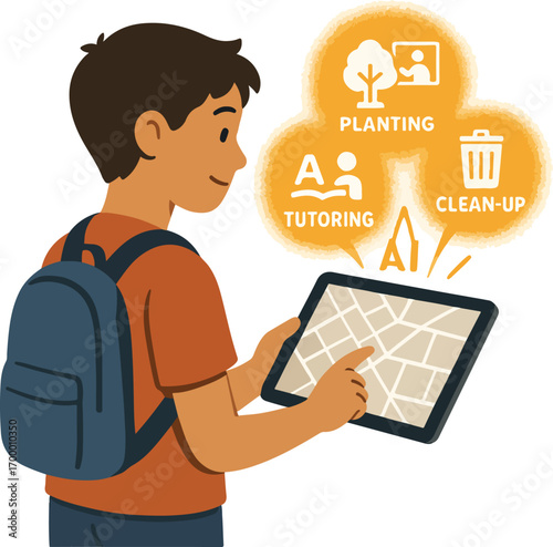 Student with tablet pointing to a map AI suggests local community projects to join illustration
