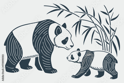 Two Pandas and Bamboo Illustration.