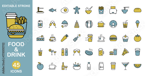 Food and Drink Icon Set – Restaurant, Meal, Fast Food, Dessert, Coffee, Alcohol. Editable stroke. Colored vector illustration.