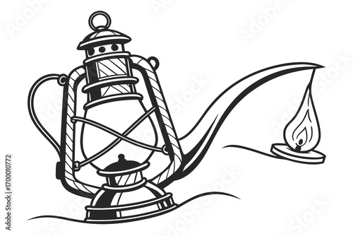 Vintage Oil Lamp with Flame Illustration.