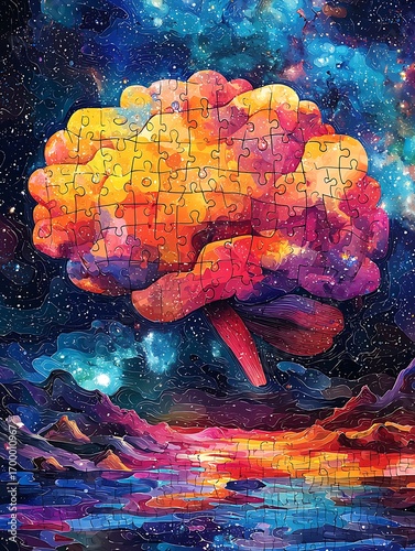 Brain Cloud Mockup over Surreal Cosmic Landscape with Fiery Reflections