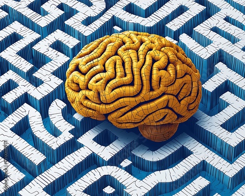 Brain Maze Mockup with Yellow Brain on Complex Blue Maze