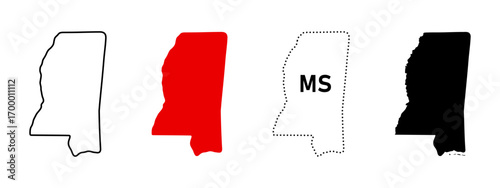 Mississippi state map icon set. US state shape in outline, solid fill, dashed border and abbreviation MS sign. Southern region symbol.