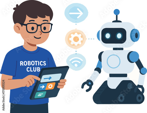 Student in a robotics club assigning a task to a physical robot via tablet drag-and-drop UI illustration