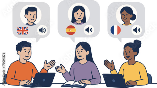 Language class group practicing conversation with AI-driven avatars portraying different dialects illustration