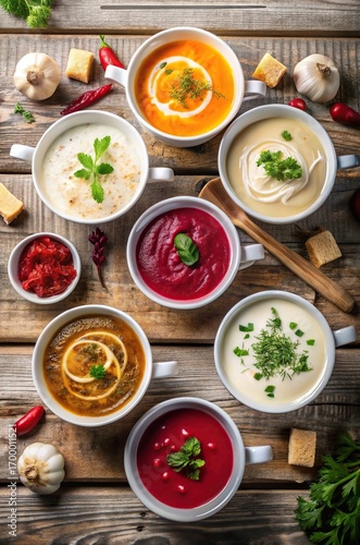 Various colorful cream soups on rustic wooden table