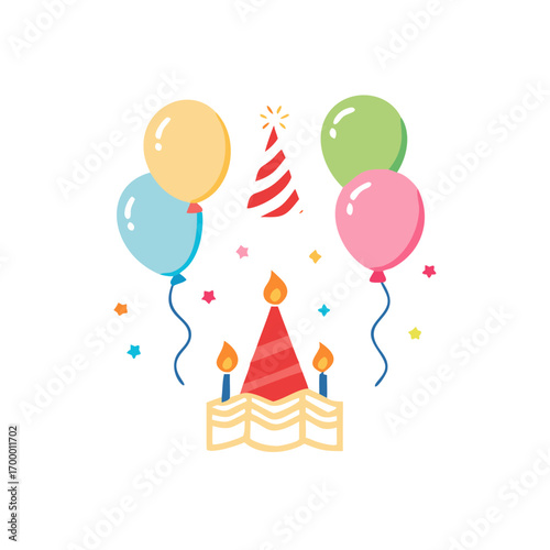 Birthday cake with candles, happy birthday cake, happy birthday clip art, happy birthday clip art vector icon, isolated on a white background.