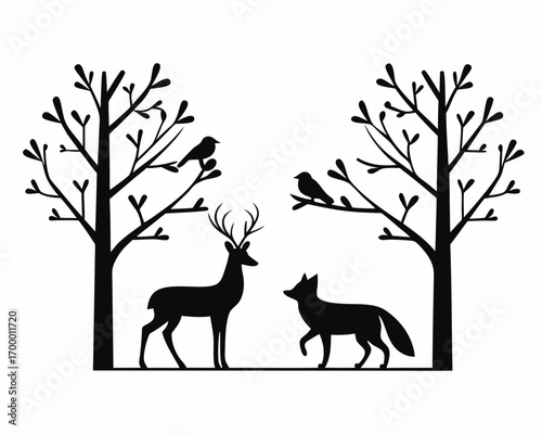 Deer and fox walking in snowy forest, silhouette  vector illustration