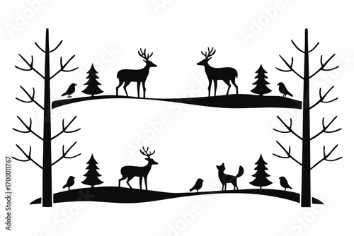 Deer and fox walking in snowy forest, silhouette  vector illustration