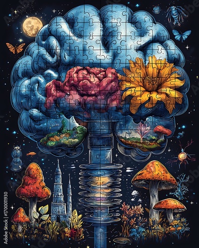 Brain Illustration Mockup with Flowers Night Sky and Moon
