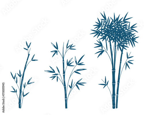 Three stylized blue bamboo stalks with leaves on white background