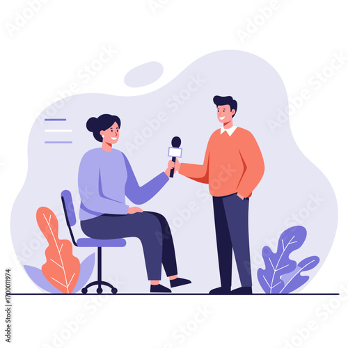 Woman conducting interview with man while seated indoors  