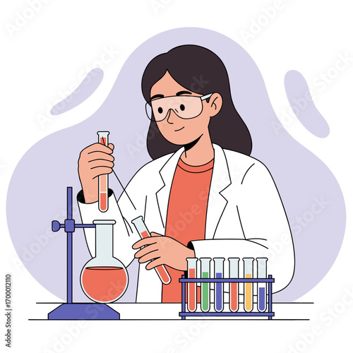 Young woman conducting an experiment in laboratory with test tubes  