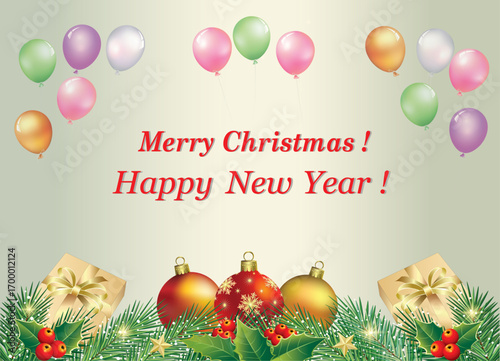 Merry Christmas 2026. Festive background with gift boxes, balls on fir branches with rowan berries, decorated with balloons. Vector 3D illustration