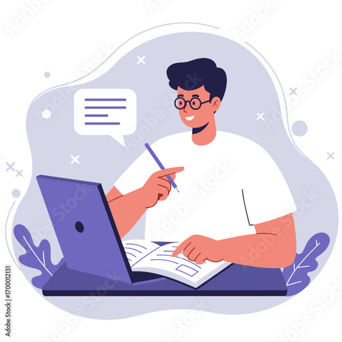 Young man studying and taking notes while working on laptop  