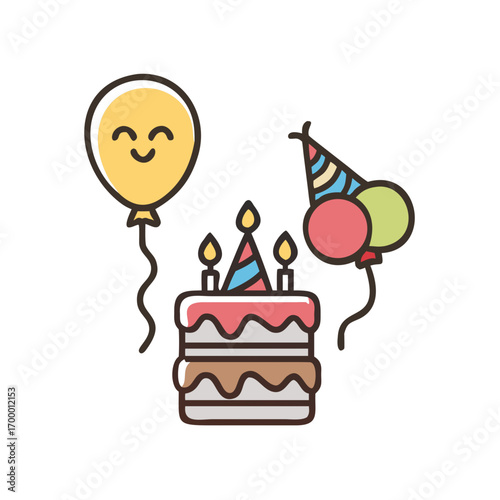 Birthday cake with candles, happy birthday cake, happy birthday clip art, happy birthday clip art vector icon, isolated on a white background.