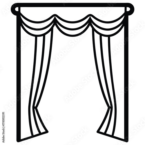 Stage Curtains Outline Icon Vector Illustration with Rod and Hooks theater performance