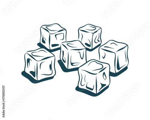 Hand drawn illustration of six clear ice cubes