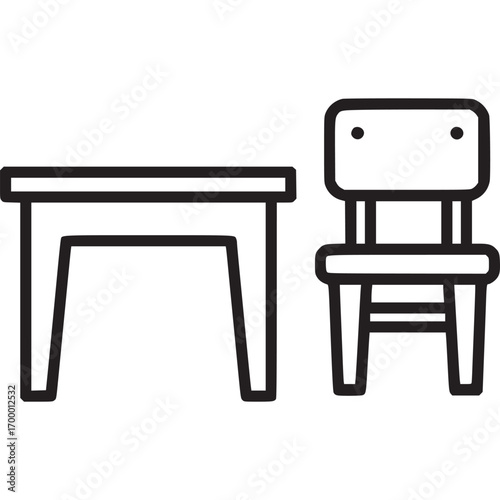 A simple line drawing of a childs table and chair isolated on white background, perfect for illustrating early childhood education, furniture design, or minimalist home decor