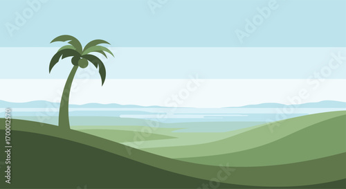 Single palm tree on rolling green hills overlooking a calm ocean.