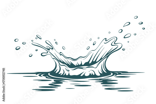 Dynamic water splash illustration with droplets and reflection