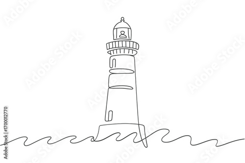 Minimalist lighthouse drawing standing tall amidst wavy seas