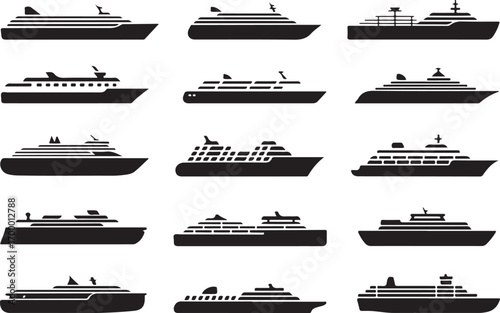 Cruise Ship Silhouette Collection Nautical Vessel Icons Ocean Liner Graphics Sea Travel Transportation