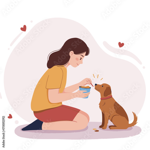 Woman feeding her dog while sitting on the floor at home  