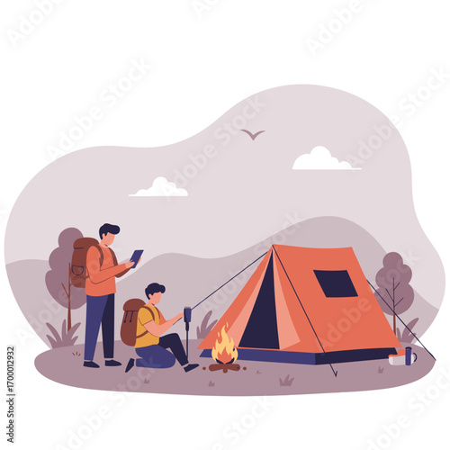 Two campers setting up a tent and exploring nature outdoors  