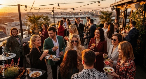 Joyful Diverse Group of Friends Socializing at a Vibrant Rooftop Party with Food and Drinks during Sunset.
