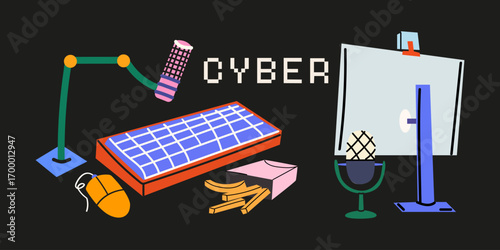 Streamers, web blogging and gamers cartoon vector elements. Cyberspace technology concept. Recording and listening to podcasts, broadcasting, online radio, streaming