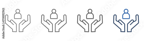
outline icon set support with design of both hands facing up and the person in the middle