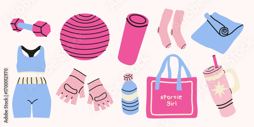 Yoga, stretching, pilates cartoon stickers set in flat style. Dumbbells, fitness ball, sports uniform, foam roll, mat and other pink fitness elements. Healthy lifestyle concept