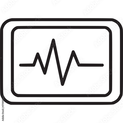 A minimalist line art illustration of a medical monitor displaying a heart rate, isolated on white background the monitor shows a rhythmic heartbeat pattern with a clear display