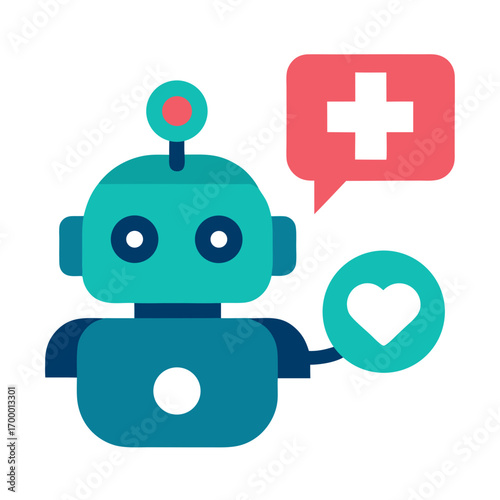Robot with medical cross and heart symbols