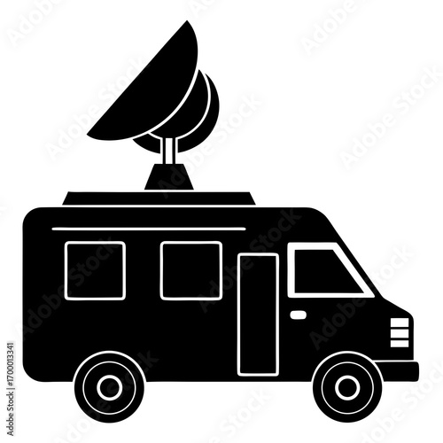 Black and white illustration of a satellite dish on a van