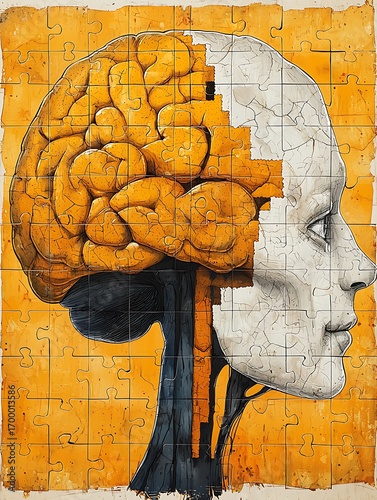 Head Puzzle Mockup with Vibrant Brain Exposed in Side Profile